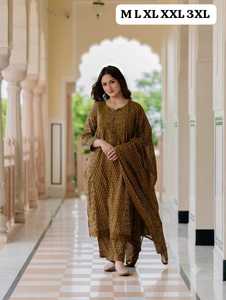 Conjunto de Traje de 3 Piezas con Estampado Floral de Algodón 100% Puro de Primera Calidad para Mujer |   Kurta Hecha a Mano con Bolsillo, Pantalón Estampado a Juego y Dupatta - Product Image 1