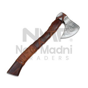 Hache en acier Damas forgé à la main, meilleur rapport qualité-prix, avec manche en bois, pour le camping et la chasse, idéale pour l'abattage d'arbres, avec revêtement en cuir - Product Image 1