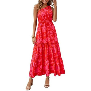 Floral Print Chiffon Maxi <b>Dress</b> One-Shoulder A-Line Casual Summer Leisure High Waist Slim Fit Pink Pleated - Product Image 5