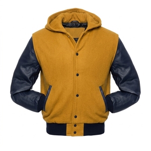 Herren Senfgelbe Woll-Collegejacke mit Kapuze Farbblock-Lederärmel Wintermantel - Product Image 1
