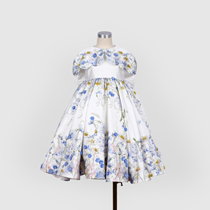 Vestido de Niña Blue Meadow Blossom con Cuello Redondo, Diseño Floral Bordado a Mano, Otoño, 100% Algodón Tafetán Ecológico, Midi-FC016 - Product Image 1