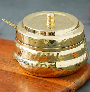 Exquisite hammered brass ghee <b>pot</b> set for ghee or oil storage, it includes a matching spoon. available at wholesale price - Product Image 5