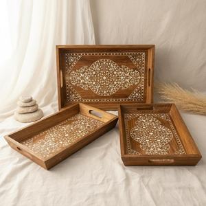 Set of 3 <b>Wood</b> Craft Serving Trays with White Print Elegant <b>Rustic</b> Kitchen <b>Table</b> Decor Perfect Gift for Home <b>Dining</b> - Product Image 4