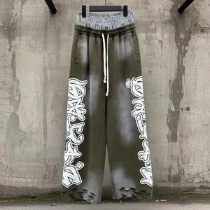 Pantalon de jogging double taille imprimé sur mesure, effet délavé soleil, style streetwear, délavé à l'acide, effet usé, coupe ample pour homme - Product Image 1