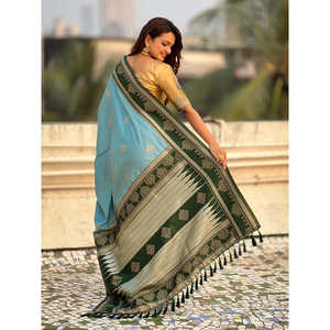 Traditional Zari Contrast Woven Saree Soft Silk Baby Blue <b>Club</b> <b>Dress</b> with Elegant Style - Product Image 4