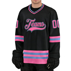 Maillot de hockey sur glace pour équipes, imprimé sur le devant, noir, rose, bleu, sublimé, col en V, manches longues, pour homme adulte, en polyester respirant - Product Image 1