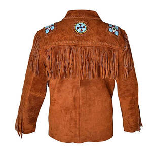 <b>Men's</b> Genuine <b>Leather</b> Winter <b>Jacket</b> with Breathable Fabric Fringe Beading Hand Embroidery Turn-down Collar Vintage Style - Product Image 3
