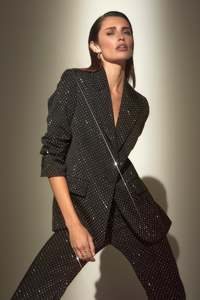 Ensemble tailleur 2 pièces pour femme avec blazer à revers crantés et pantalon évasé en crêpe élégant, coupe droite longueur pleine, collection Diamond Glow - Product Image 4