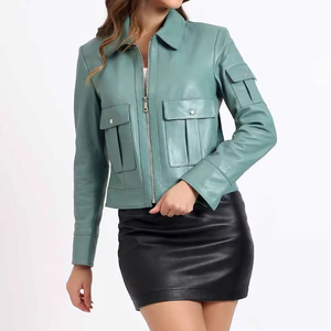 REBA SPORTS IMPEX Brown Genuine Leather Breathable Bomber <b>Jacket</b> <b>Women</b> Zip-Up Pocket Cuffs Ribbed Hem Custom Logo Autumn Winter - Product Image 2