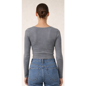 Haut court côtelé à manches longues pour femme, en tissu doux et extensible, col rond, style décontracté pour le jour et le soir, hauts actifs, Inde - Product Image 3