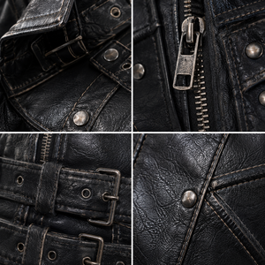 Veste de moto en cuir véritable pour hommes, col montant, fermeture éclair, coupe-vent, avec ceinture et poches, coupe ajustée - Product Image 6