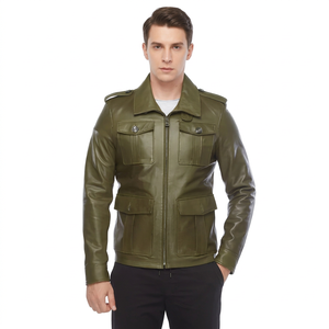 Veste en cuir verte pour homme avec fermeture éclair, col rabattable, épaulettes, style workwear, coupe classique, pour l'automne - Product Image 4