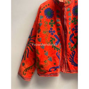 เสื้อแจ็คเก็ตกำมะหยี่สีส้มปักลายซูซานี ทำมือ แจ็คเก็ตสั้นแบบยูนิเซ็กซ์ พร้อมซับในผ้าฝ้าย - Product Image 4
