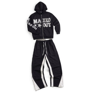 Conjuntos de sudaderas con capucha de algodón polar con cremallera completa y pantalones acampanados para hombre OEM, venta al por mayor con logotipo de diamantes de imitación personalizado brillante - Product Image 2