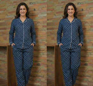 Indigo Cotton Two Piece Pajama Set <b>for</b> <b>Women</b> Hand Block Printed Lounge Wear Bulk Supplier India Export - Product Image 2