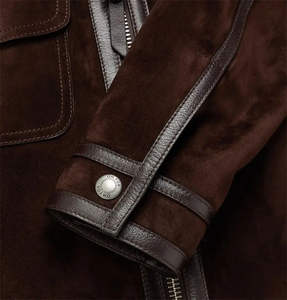 Chaqueta de cuero y gamuza vintage para hombre, estilo motociclista, para invierno, con cuello vuelto, forro de lana sintética de cordero, diseño frontal cálido - Product Image 2