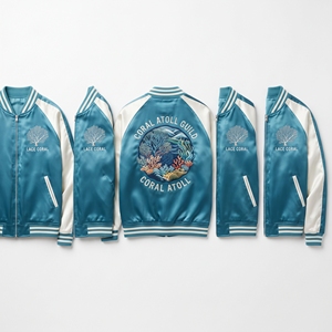 Wholesale B2B Supplier Teal Blue Satin Varsity <b>Jacket</b> Zip Up Custom Embroidered <b>Coral</b> Atoll Guild Baseball Coat - Product Image 1