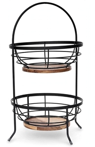 Panier à fruits ovale à 2 niveaux en fil métallique avec poignée arquée et base en bois, finition noire thermolaquée, organisateur de rangement de cuisine - Product Image 2