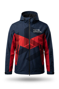 Custom Men's Winter Hooded <b>Jacket</b> <b>Red</b> Navy Color Block Sporty <b>Waterproof</b> Zipper Front Regular Fit - Product Image 6