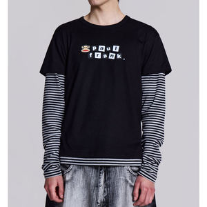 Camiseta de punto negra extragrande para hombre, manga larga, ribete a rayas en contraste, logotipo bordado, cuello redondo, estilo casual - Product Image 6
