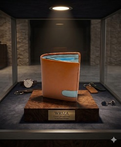 Portefeuille en cuir véritable unisexe, fait main, minimaliste, à fermeture pression, élégant, durable, court, pour usage quotidien, marron avec accent bleu clair - Product Image 3