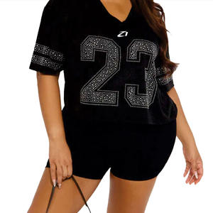 Camiseta de poliéster brillante con pedrería negra personalizada para mujer, estilo urbano Y2K, camiseta de fútbol americano, suministro al por mayor OEM - Product Image 3