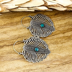 Latest Design Tribal <b>Wing</b> Hoop <b>Earrings</b> Boho Brass Jewelry Women Silver Plated Turquoise Geometric Design [Wholesale/OEM/ODM] - Product Image 4