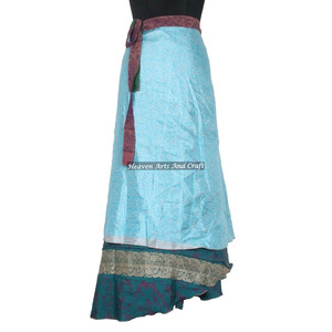 Falda Cruzada de Seda Virgen Marrón con Ribete a Cuadros para Mujer, Estilo Vintage, Larga, de Seda Sari, Reversible de 2 Capas, Mágica, 38 Pulgadas - Product Image 4
