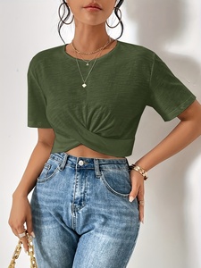 Women's Olive Green <b>Crop</b> <b>Top</b> Short <b>Sleeve</b> Crew Neck Knitted Asymmetric Casual T-Shirt Slim Fit Spring Summer Style - Product Image 6