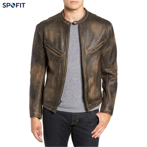 Unisex Autumn Retro Washed Leather Biker Jacket with Gradient <b>Zip</b> Design Waterproof & Windproof Solid Pattern Standing Collar - Product Image 1