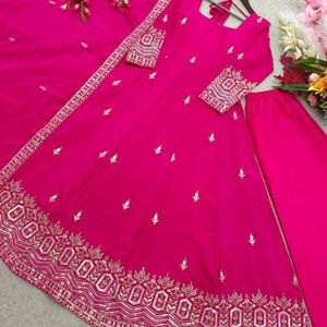 Pink Embroidered Anarkali Suit Set <b>Sequin</b> Work Dupatta Printed <b>Pant</b> Set for Wedding Party Women - Product Image 1