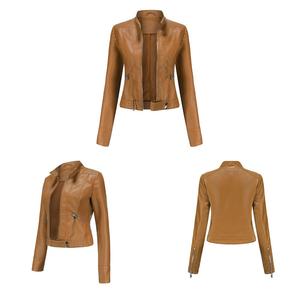Veste en cuir PU marron pour homme, style motard, col rabattu, fermeture éclair, manteau court d'automne - Product Image 2