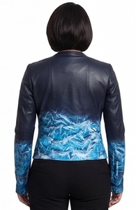 Veste d'hiver coupe-vent en cuir véritable bleu ombré pour femme, style motard, avec plusieurs fermetures éclair, teinture dégradée, coupe ajustée, personnalisable, vente en gros - Product Image 5