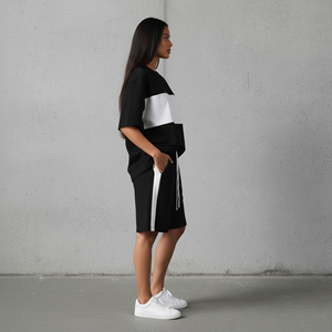 Top Selling Women's Cotton Jersey Drop Shoulder Short Sleeve Color Block O-Neck <b>T</b>-Shirt & Long <b>String</b> Shorts Girl's Fashion Wear - Product Image 5