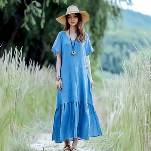 Vestido Midi de Algodón 100% Transpirable para Mujer, Corte Holgado, Cintura Alta, Estilo Vintage, Línea A, Bolsillos Laterales, Cuello en V, Manga Campana, Lazo - Product Image 1