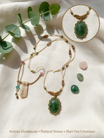 Collier pendentif en aventurine verte fait main, bijoux bohèmes en pierres précieuses, collier à chaîne perlée en pierre verte naturelle ovale, cadeau pour femme