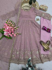 Women Traditional Indian Pakistani Salwar Kameez Floor Length Embroidered Polyester Wedding <b>Dress</b> <b>Loose</b> Fit Pink Gold Trim - Product Image 5