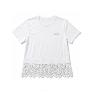 T-shirt en coton blanc à manches courtes, col rond, ourlet en dentelle, haut décontracté pour tous les jours, couleur unie, personnalisable, respirant, tricoté, ODM - Product Image 3