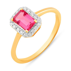 Anillo de Oro con Halo de Diamantes y Piedra Central Rectangular Rosa - Product Image 1