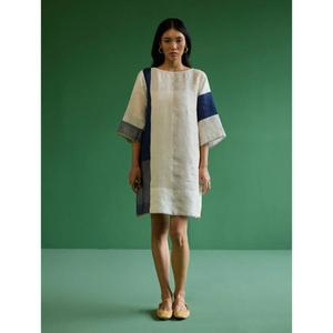 Vestido Maxi Lavable Ecológico para Mujer, Color Blanco y Azul Marino, Corte Holgado, Manga Abullonada, Casual, Verano, Cintura Natural - Product Image 1