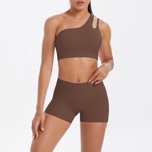 One shoulder yoga set High waist shorts yoga Seamless crop top set Solid color activewear 2 piece yoga outfit - Product Image 5