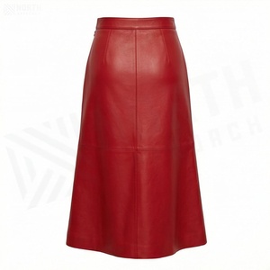 Women A-Line <b>PU</b> Leather <b>Skirt</b> Red Knee-Length Elegant Solid Color Regular Waistline All Seasons Woven Fabric - Product Image 1