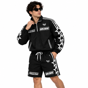 Vente en gros de shorts coupe-vent graphiques noirs tendance personnalisés, shorts de veste imperméables zippés, streetwear, sportswear, sweats à capuche en nylon en gros - Product Image 6