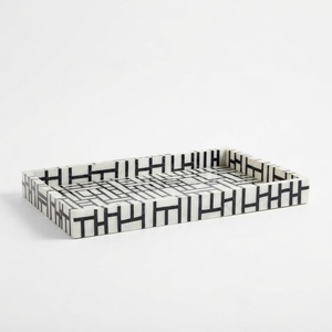 Plateau de service rond en bois fait main, décoratif, avec incrustation d'os rayé noir et blanc, pour table basse d'hôtel de luxe - Product Image 2