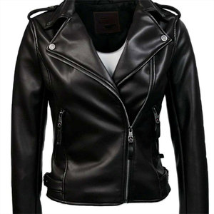 Chaqueta de Motociclista de Cuero Genuino Negro para Mujer, Cuello Camisero, Cierre Asimétrico, Estilo Moto Biker - Product Image 1