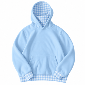 Light Blue Hooded Sweatshirt With <b>Checkered</b> Lining And Cuffs Casual Women's Pullover Long Sleeve Knitted <b>Top</b> Autumn Wear - Product Image 1
