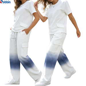 Ensemble décontracté 2 pièces personnalisé pour femme : pantalon cargo blanc dégradé et haut tricoté à manches courtes col rond coupe ample – Printemps/Été - Product Image 4