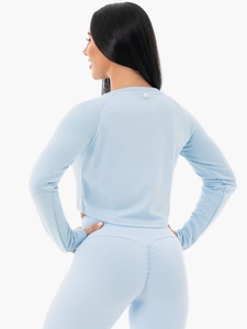 Custom Women <b>Light</b> <b>Blue</b> Cropped <b>Long</b> <b>Sleeve</b> Pullover Crew Neck Knitted Polyester/Cotton <b>Top</b> Breathable Spring Casual Wear - Product Image 4