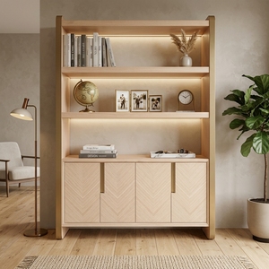 Librería Moderna de Madera Maciza Natural con Puertas Chevron, Estantes Abiertos y Vitrina para Sala de Estar u Oficina en Casa - Product Image 2