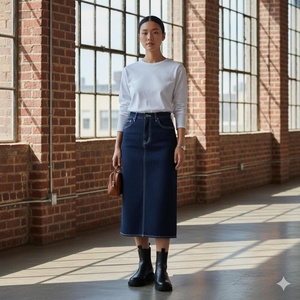 Women's Dark Wash Denim Pencil <b>Skirt</b> <b>Midi</b> Length Solid Color Casual Autumn Wear Button Front Woven Cotton Regular Fit - Product Image 4